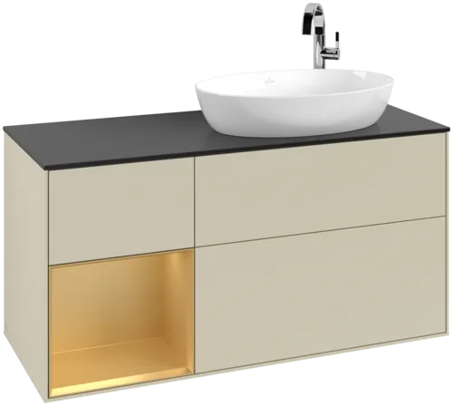Bild von VILLEROY BOCH Finion Waschbeckenunterschrank, mit Beleuchtung, 3 Auszüge, 1200 x 603 x 501 mm, Silk Grey Matt Lacquer / Gold Matt Lacquer / Glass Black Matt #F922HFHJ