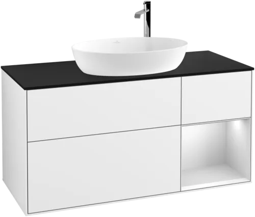 Bild von VILLEROY BOCH Finion Waschbeckenunterschrank, mit Beleuchtung, 3 Auszüge, 1200 x 603 x 501 mm, Glossy White Lacquer / White Matt Lacquer / Glass Black Matt #F952MTGF