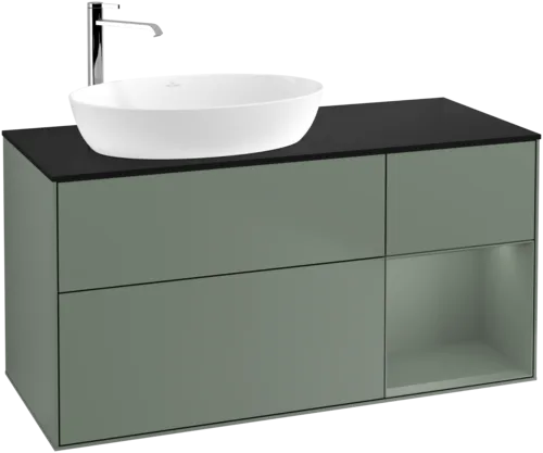 Bild von VILLEROY BOCH Finion Waschbeckenunterschrank, mit Beleuchtung, 3 Auszüge, 1200 x 603 x 501 mm, Olive Matt Lacquer / Olive Matt Lacquer / Glass Black Matt #F932GMGM