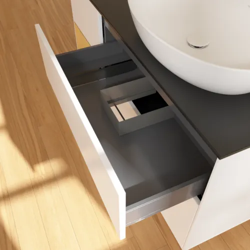 Bild von VILLEROY BOCH Finion Waschbeckenunterschrank, mit Beleuchtung, 3 Auszüge, 1200 x 603 x 501 mm, White Matt Lacquer / Gold Matt Lacquer / Glass Black Matt #F922HFMT