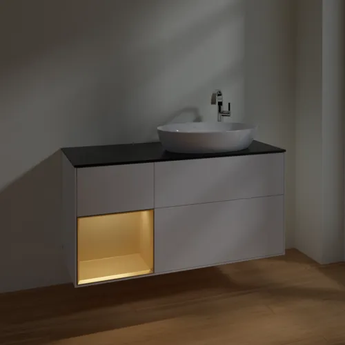 Bild von VILLEROY BOCH Finion Waschbeckenunterschrank, mit Beleuchtung, 3 Auszüge, 1200 x 603 x 501 mm, White Matt Lacquer / Gold Matt Lacquer / Glass Black Matt #F922HFMT