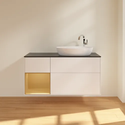 Bild von VILLEROY BOCH Finion Waschbeckenunterschrank, mit Beleuchtung, 3 Auszüge, 1200 x 603 x 501 mm, White Matt Lacquer / Gold Matt Lacquer / Glass Black Matt #F922HFMT
