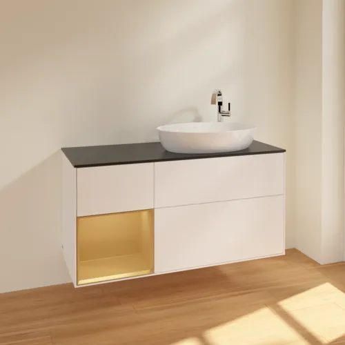 Bild von VILLEROY BOCH Finion Waschbeckenunterschrank, mit Beleuchtung, 3 Auszüge, 1200 x 603 x 501 mm, White Matt Lacquer / Gold Matt Lacquer / Glass Black Matt #F922HFMT