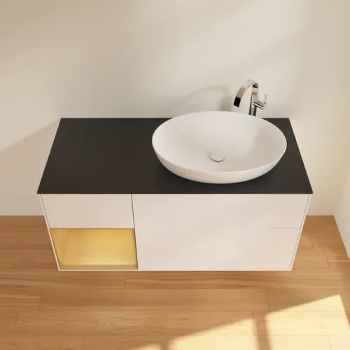 Bild von VILLEROY BOCH Finion Waschbeckenunterschrank, mit Beleuchtung, 3 Auszüge, 1200 x 603 x 501 mm, White Matt Lacquer / Gold Matt Lacquer / Glass Black Matt #F922HFMT