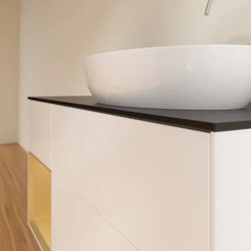 Bild von VILLEROY BOCH Finion Waschbeckenunterschrank, mit Beleuchtung, 3 Auszüge, 1200 x 603 x 501 mm, White Matt Lacquer / Gold Matt Lacquer / Glass Black Matt #F922HFMT