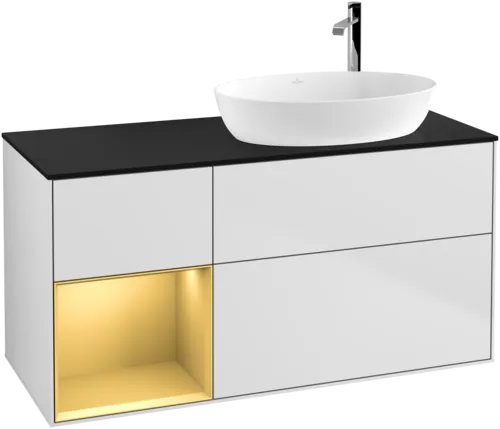 Bild von VILLEROY BOCH Finion Waschbeckenunterschrank, mit Beleuchtung, 3 Auszüge, 1200 x 603 x 501 mm, White Matt Lacquer / Gold Matt Lacquer / Glass Black Matt #F922HFMT