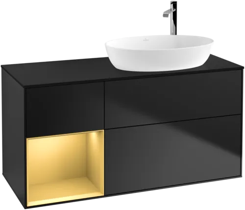 Bild von VILLEROY BOCH Finion Waschbeckenunterschrank, mit Beleuchtung, 3 Auszüge, 1200 x 603 x 501 mm, Black Matt Lacquer / Gold Matt Lacquer / Glass Black Matt #F922HFPD