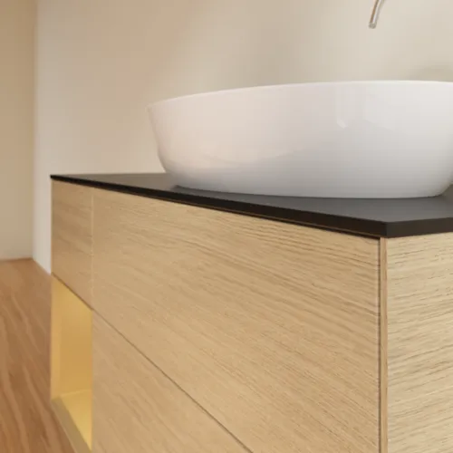 Bild von VILLEROY BOCH Finion Waschbeckenunterschrank, mit Beleuchtung, 3 Auszüge, 1200 x 603 x 501 mm, Oak Veneer / Gold Matt Lacquer / Glass Black Matt #F922HFPC