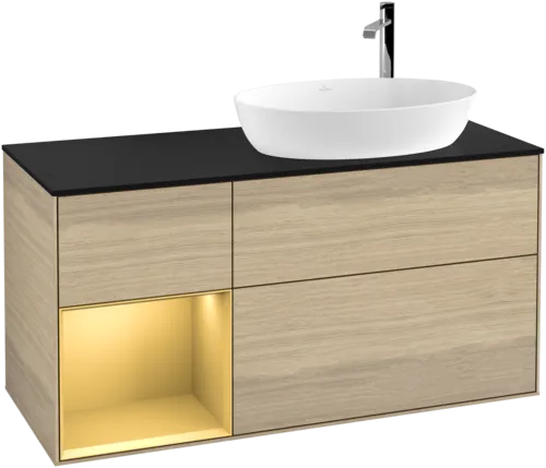 Bild von VILLEROY BOCH Finion Waschbeckenunterschrank, mit Beleuchtung, 3 Auszüge, 1200 x 603 x 501 mm, Oak Veneer / Gold Matt Lacquer / Glass Black Matt #F922HFPC