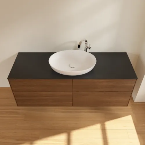 Bild von VILLEROY BOCH Finion Waschbeckenunterschrank, 4 Auszüge, 1600 x 603 x 501 mm, Walnut Veneer / Glass Black Matt #F97200GN