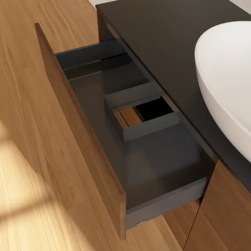 Bild von VILLEROY BOCH Finion Waschbeckenunterschrank, 4 Auszüge, 1600 x 603 x 501 mm, Walnut Veneer / Glass Black Matt #F97200GN
