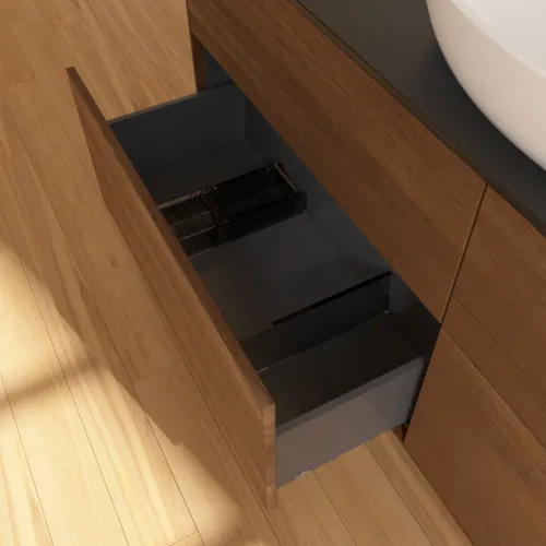Bild von VILLEROY BOCH Finion Waschbeckenunterschrank, 4 Auszüge, 1600 x 603 x 501 mm, Walnut Veneer / Glass Black Matt #F97200GN