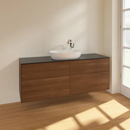 Bild von VILLEROY BOCH Finion Waschbeckenunterschrank, 4 Auszüge, 1600 x 603 x 501 mm, Walnut Veneer / Glass Black Matt #F97200GN
