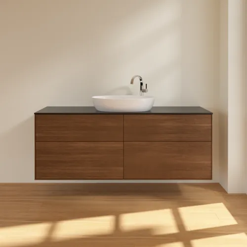 Bild von VILLEROY BOCH Finion Waschbeckenunterschrank, 4 Auszüge, 1600 x 603 x 501 mm, Walnut Veneer / Glass Black Matt #F97200GN
