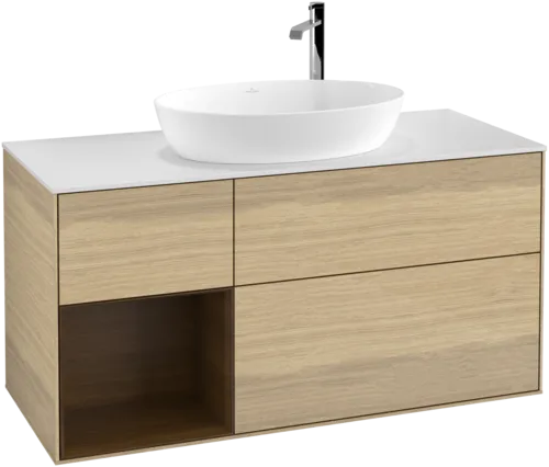 Bild von VILLEROY BOCH Finion Waschbeckenunterschrank, mit Beleuchtung, 3 Auszüge, 1200 x 603 x 501 mm, Oak Veneer / Walnut Veneer / Glass White Matt #F941GNPC
