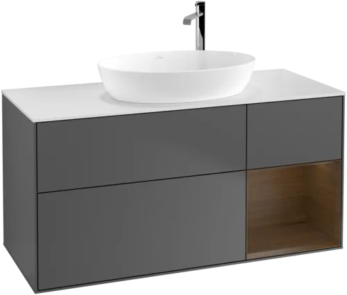 Bild von VILLEROY BOCH Finion Waschbeckenunterschrank, mit Beleuchtung, 3 Auszüge, 1200 x 603 x 501 mm, Anthracite Matt Lacquer / Walnut Veneer / Glass White Matt #F951GNGK