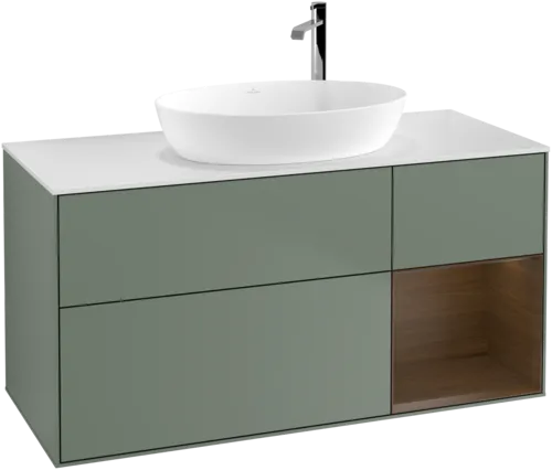 Bild von VILLEROY BOCH Finion Waschbeckenunterschrank, mit Beleuchtung, 3 Auszüge, 1200 x 603 x 501 mm, Olive Matt Lacquer / Walnut Veneer / Glass White Matt #F951GNGM