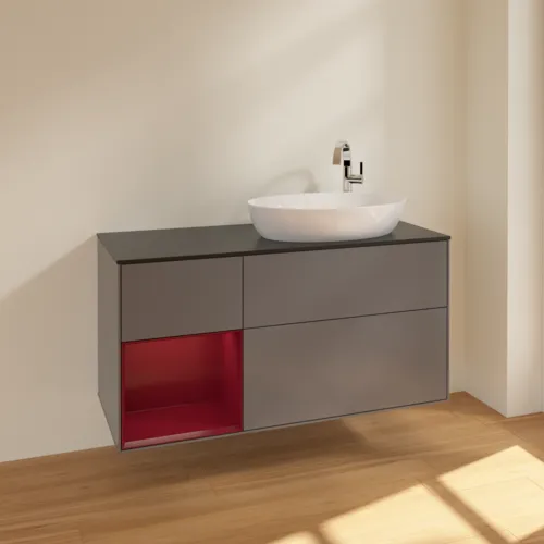 Bild von VILLEROY BOCH Finion Waschbeckenunterschrank, mit Beleuchtung, 3 Auszüge, 1200 x 603 x 501 mm, Anthracite Matt Lacquer / Peony Matt Lacquer / Glass Black Matt #F922HBGK