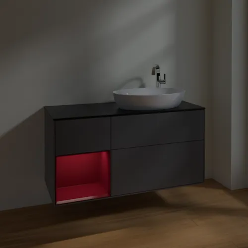 Bild von VILLEROY BOCH Finion Waschbeckenunterschrank, mit Beleuchtung, 3 Auszüge, 1200 x 603 x 501 mm, Anthracite Matt Lacquer / Peony Matt Lacquer / Glass Black Matt #F922HBGK