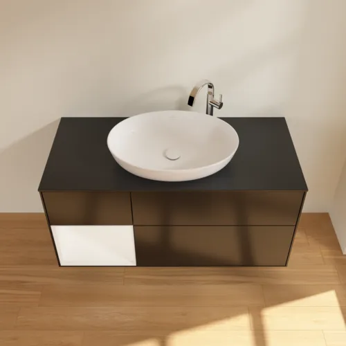 Bild von VILLEROY BOCH Finion Waschbeckenunterschrank, mit Beleuchtung, 3 Auszüge, 1200 x 603 x 501 mm, Black Matt Lacquer / White Matt Lacquer / Glass Black Matt #F942MTPD