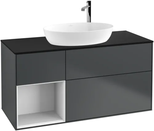 Bild von VILLEROY BOCH Finion Waschbeckenunterschrank, mit Beleuchtung, 3 Auszüge, 1200 x 603 x 501 mm, Midnight Blue Matt Lacquer / Glossy White Lacquer / Glass Black Matt #F942GFHG