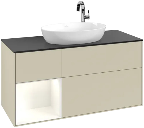 Bild von VILLEROY BOCH Finion Waschbeckenunterschrank, mit Beleuchtung, 3 Auszüge, 1200 x 603 x 501 mm, Silk Grey Matt Lacquer / Glossy White Lacquer / Glass Black Matt #F942GFHJ