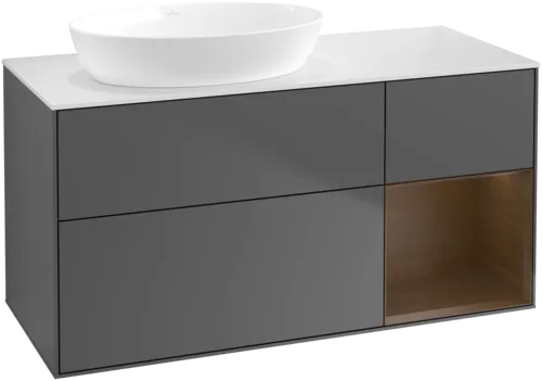 Bild von VILLEROY BOCH Finion Waschbeckenunterschrank, mit Beleuchtung, 3 Auszüge, 1200 x 603 x 501 mm, Anthracite Matt Lacquer / Walnut Veneer / Glass White Matt #FA51GNGK