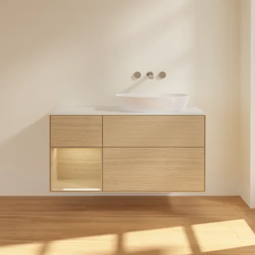 Bild von VILLEROY BOCH Finion Waschbeckenunterschrank, mit Beleuchtung, 3 Auszüge, 1200 x 603 x 501 mm, Oak Veneer / Oak Veneer / Glass White Matt #FA41PCPC