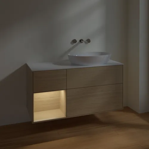 Bild von VILLEROY BOCH Finion Waschbeckenunterschrank, mit Beleuchtung, 3 Auszüge, 1200 x 603 x 501 mm, Oak Veneer / Oak Veneer / Glass White Matt #FA41PCPC