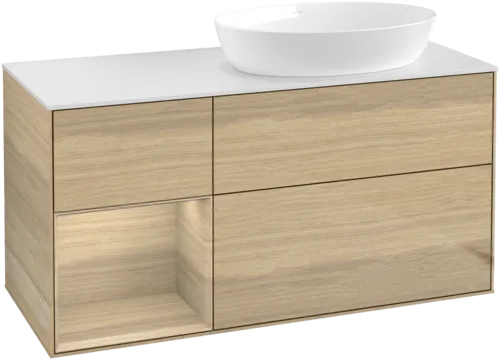 Bild von VILLEROY BOCH Finion Waschbeckenunterschrank, mit Beleuchtung, 3 Auszüge, 1200 x 603 x 501 mm, Oak Veneer / Oak Veneer / Glass White Matt #FA41PCPC
