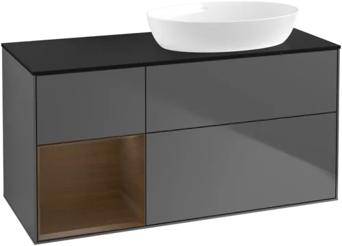 Obrázek VILLEROY BOCH Finion Vanity unit, with lighting, 3 pull-out compartments, 1200 x 603 x 501 mm, Anthracite Matt Lacquer / Walnut Veneer / Glass Black Matt #FA42GNGK