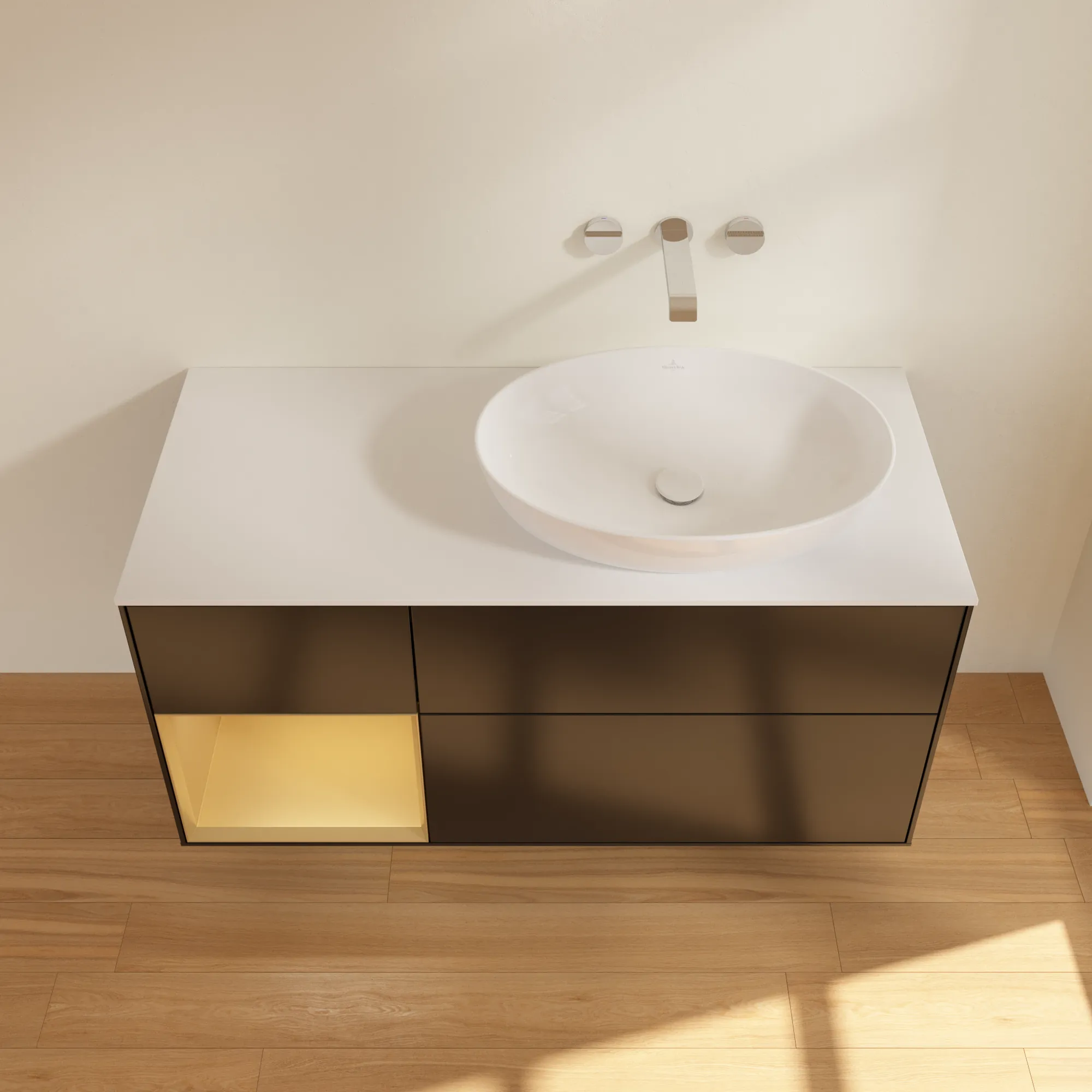 Bild von VILLEROY BOCH Finion Waschbeckenunterschrank, mit Beleuchtung, 3 Auszüge, 1200 x 603 x 501 mm, Black Matt Lacquer / Gold Matt Lacquer / Glass White Matt #FA41HFPD