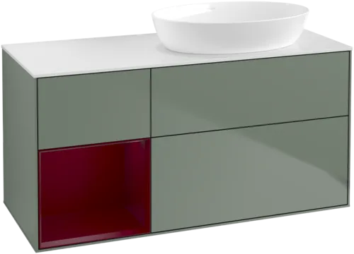 Bild von VILLEROY BOCH Finion Waschbeckenunterschrank, mit Beleuchtung, 3 Auszüge, 1200 x 603 x 501 mm, Olive Matt Lacquer / Peony Matt Lacquer / Glass White Matt #FA41HBGM
