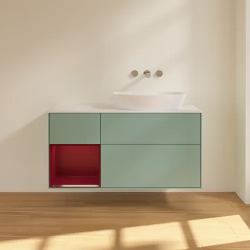 Obrázek VILLEROY BOCH Finion Vanity unit, with lighting, 3 pull-out compartments, 1200 x 603 x 501 mm, Olive Matt Lacquer / Peony Matt Lacquer / Glass White Matt #FA41HBGM
