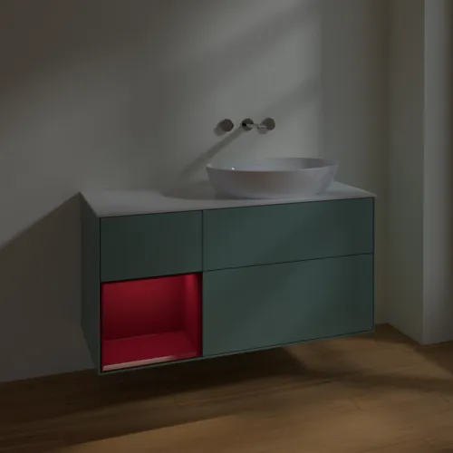 Obrázek VILLEROY BOCH Finion Vanity unit, with lighting, 3 pull-out compartments, 1200 x 603 x 501 mm, Olive Matt Lacquer / Peony Matt Lacquer / Glass White Matt #FA41HBGM