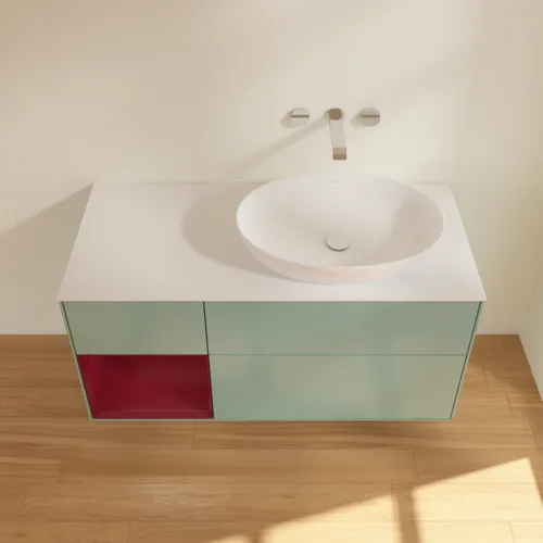 Obrázek VILLEROY BOCH Finion Vanity unit, with lighting, 3 pull-out compartments, 1200 x 603 x 501 mm, Olive Matt Lacquer / Peony Matt Lacquer / Glass White Matt #FA41HBGM