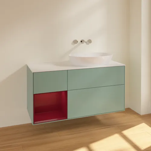 Obrázek VILLEROY BOCH Finion Vanity unit, with lighting, 3 pull-out compartments, 1200 x 603 x 501 mm, Olive Matt Lacquer / Peony Matt Lacquer / Glass White Matt #FA41HBGM
