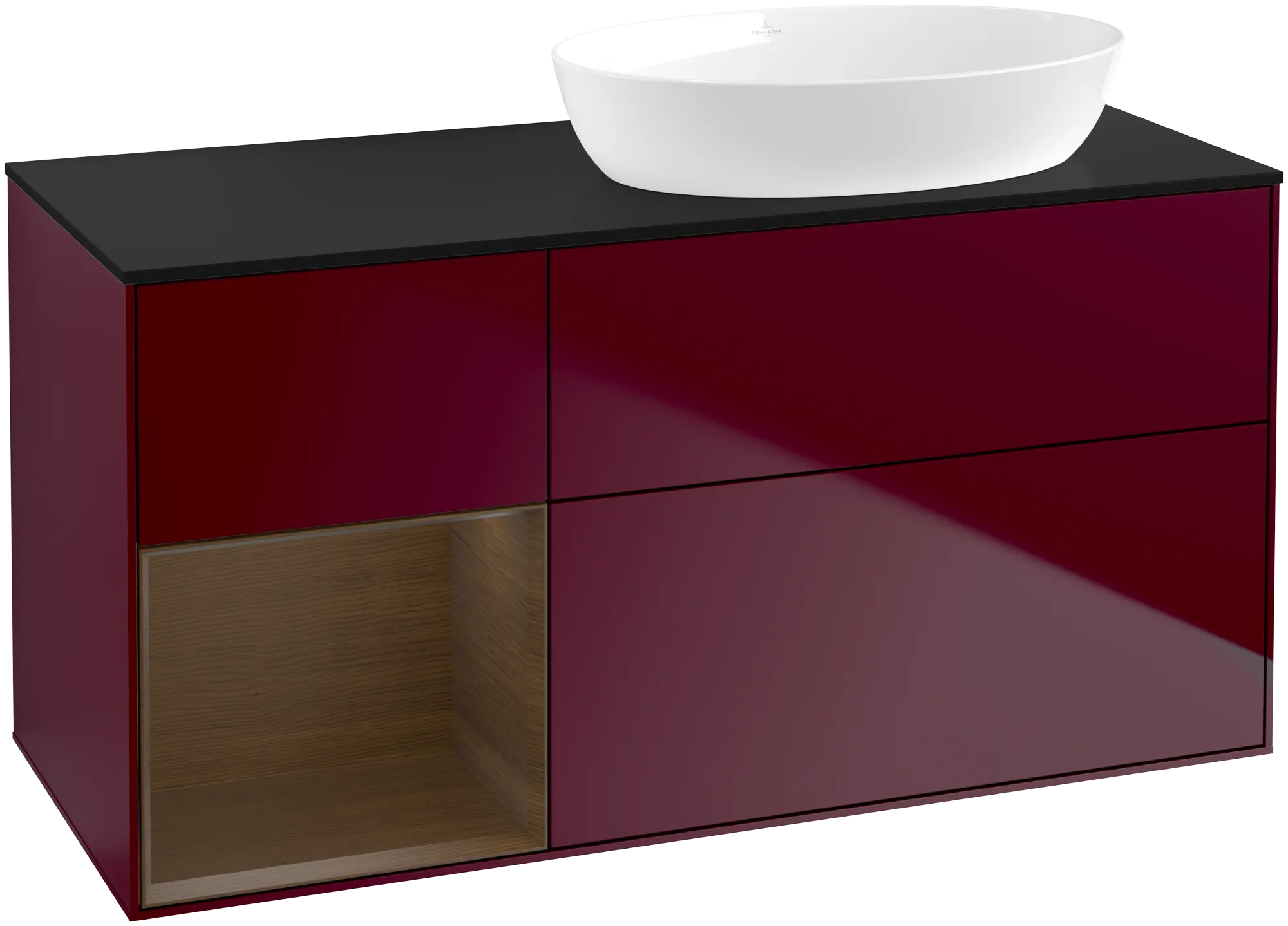 Bild von VILLEROY BOCH Finion Waschbeckenunterschrank, mit Beleuchtung, 3 Auszüge, 1200 x 603 x 501 mm, Peony Matt Lacquer / Walnut Veneer / Glass Black Matt #FA42GNHB