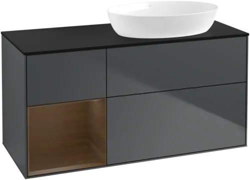 Bild von VILLEROY BOCH Finion Waschbeckenunterschrank, mit Beleuchtung, 3 Auszüge, 1200 x 603 x 501 mm, Midnight Blue Matt Lacquer / Walnut Veneer / Glass Black Matt #FA42GNHG