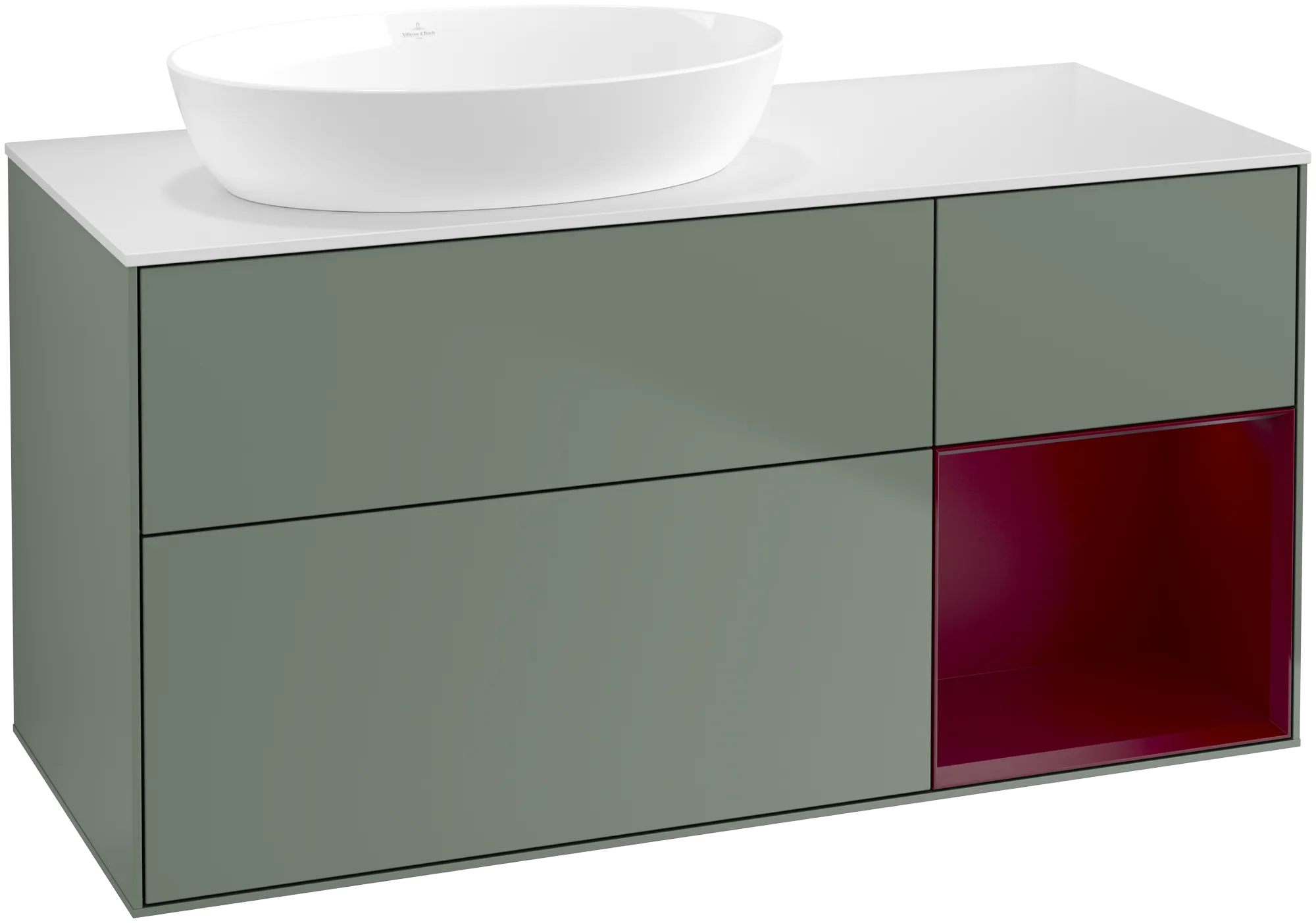 Bild von VILLEROY BOCH Finion Waschbeckenunterschrank, mit Beleuchtung, 3 Auszüge, 1200 x 603 x 501 mm, Olive Matt Lacquer / Peony Matt Lacquer / Glass White Matt #FA51HBGM