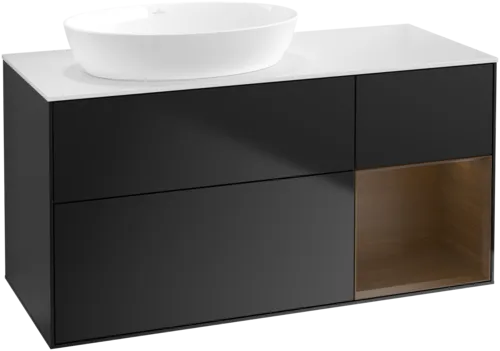 Bild von VILLEROY BOCH Finion Waschbeckenunterschrank, mit Beleuchtung, 3 Auszüge, 1200 x 603 x 501 mm, Black Matt Lacquer / Walnut Veneer / Glass White Matt #FA51GNPD