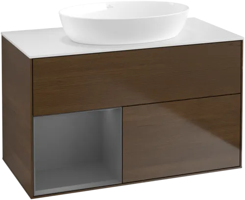 Bild von VILLEROY BOCH Finion Waschbeckenunterschrank, mit Beleuchtung, 2 Auszüge, 1000 x 603 x 501 mm, Walnut Veneer / Anthracite Matt Lacquer / Glass White Matt #FA11GKGN
