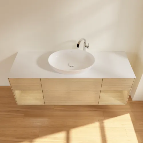 Bild von VILLEROY BOCH Finion Waschbeckenunterschrank, mit Beleuchtung, 4 Auszüge, 1600 x 603 x 501 mm, Oak Veneer / Oak Veneer / Glass White Matt #F981PCPC