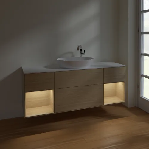 Bild von VILLEROY BOCH Finion Waschbeckenunterschrank, mit Beleuchtung, 4 Auszüge, 1600 x 603 x 501 mm, Oak Veneer / Oak Veneer / Glass White Matt #F981PCPC