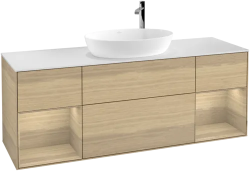 Bild von VILLEROY BOCH Finion Waschbeckenunterschrank, mit Beleuchtung, 4 Auszüge, 1600 x 603 x 501 mm, Oak Veneer / Oak Veneer / Glass White Matt #F981PCPC