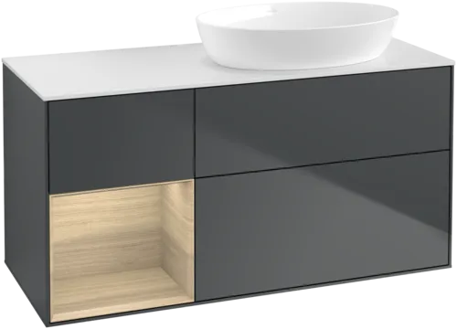 Bild von VILLEROY BOCH Finion Waschbeckenunterschrank, mit Beleuchtung, 3 Auszüge, 1200 x 603 x 501 mm, Midnight Blue Matt Lacquer / Oak Veneer / Glass White Matt #FA41PCHG