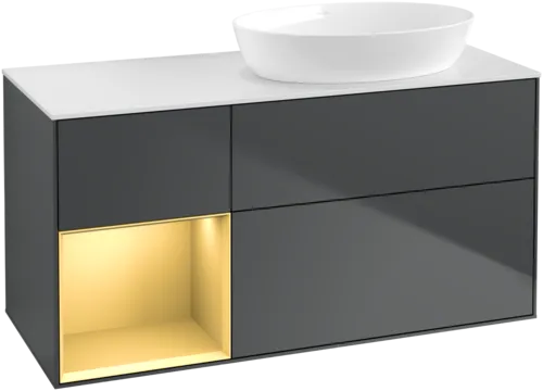 Bild von VILLEROY BOCH Finion Waschbeckenunterschrank, mit Beleuchtung, 3 Auszüge, 1200 x 603 x 501 mm, Midnight Blue Matt Lacquer / Gold Matt Lacquer / Glass White Matt #FA41HFHG