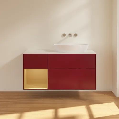 Bild von VILLEROY BOCH Finion Waschbeckenunterschrank, mit Beleuchtung, 3 Auszüge, 1200 x 603 x 501 mm, Peony Matt Lacquer / Gold Matt Lacquer / Glass White Matt #FA41HFHB