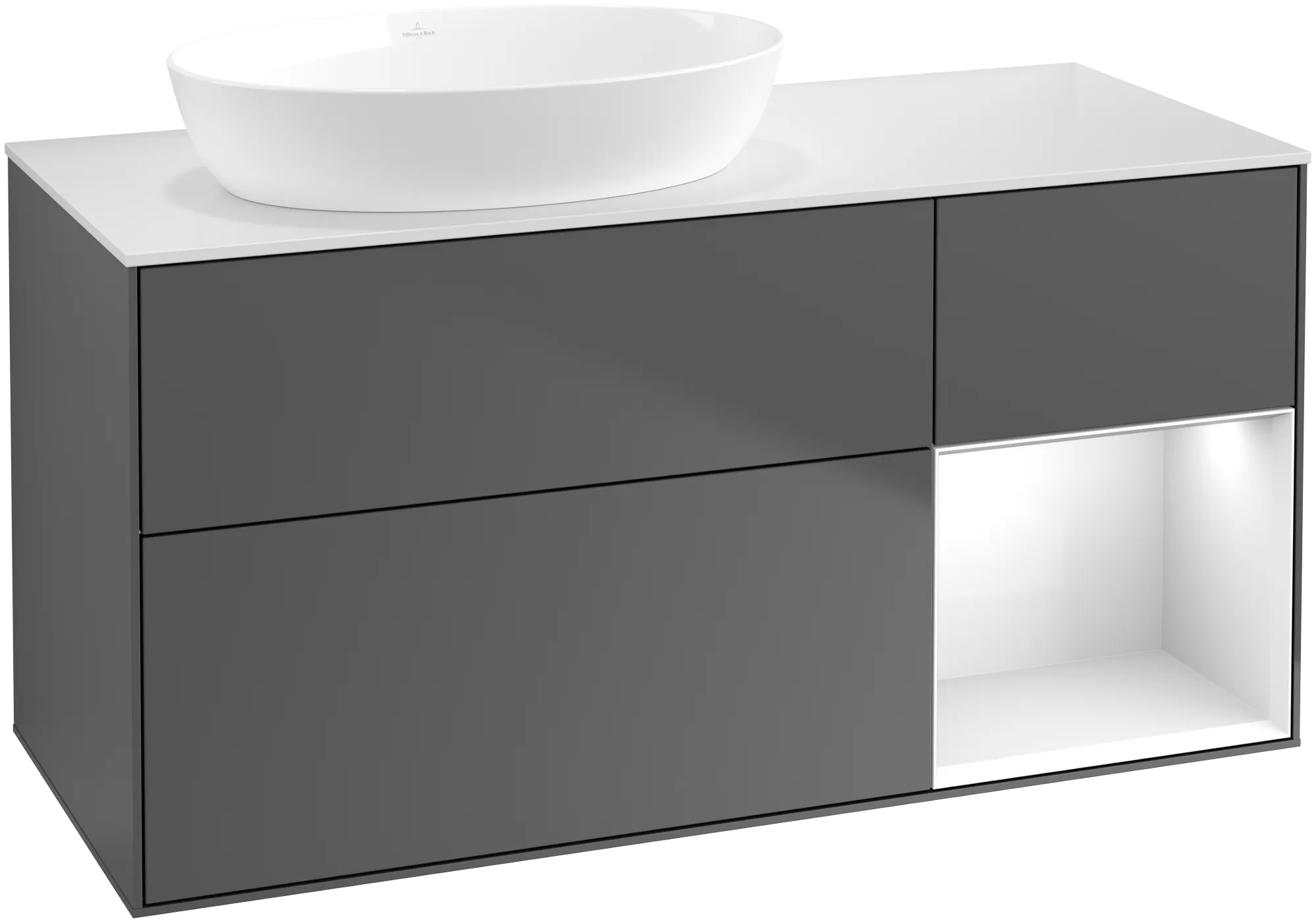Bild von VILLEROY BOCH Finion Waschbeckenunterschrank, mit Beleuchtung, 3 Auszüge, 1200 x 603 x 501 mm, Anthracite Matt Lacquer / Glossy White Lacquer / Glass White Matt #FA51GFGK