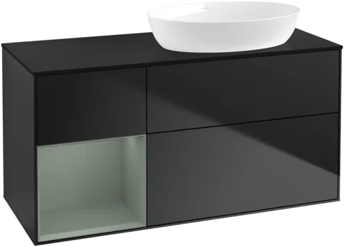 Bild von VILLEROY BOCH Finion Waschbeckenunterschrank, mit Beleuchtung, 3 Auszüge, 1200 x 603 x 501 mm, Black Matt Lacquer / Olive Matt Lacquer / Glass Black Matt #FA42GMPD